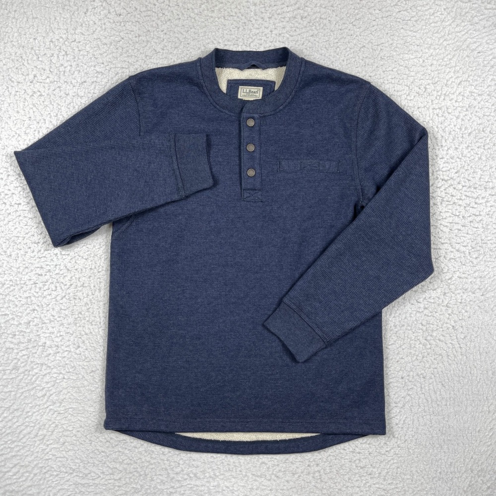 L.L.Bean Henley Mens Medium Blue Sherpa Lined Waffle Knit Gorpcore Cabin Outdoor